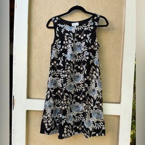 Signature by Robbie Bee Black Dress with Blue and Cream Floral Embroidery